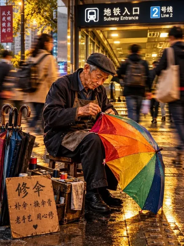 地铁口的修伞人封面背景图